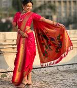 Pink soft silk paithani nauvari zari weaving saree with matching blouse piece