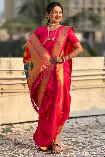 Pink soft silk paithani nauvari zari weaving saree with matching blouse piece