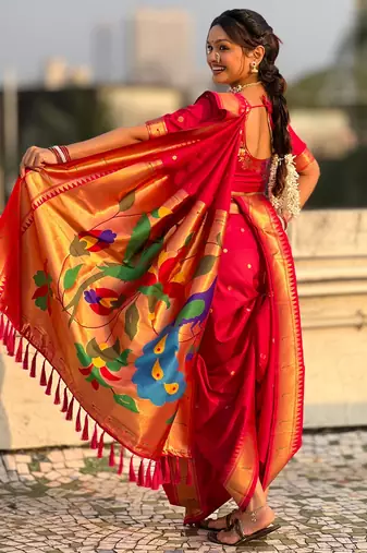 Pink soft silk paithani nauvari zari weaving saree with matching blouse piece