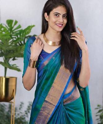 Sea green silk blend banarasi saree with unstitched blouse piece 1
