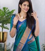 Sea green silk blend banarasi saree with unstitched blouse piece