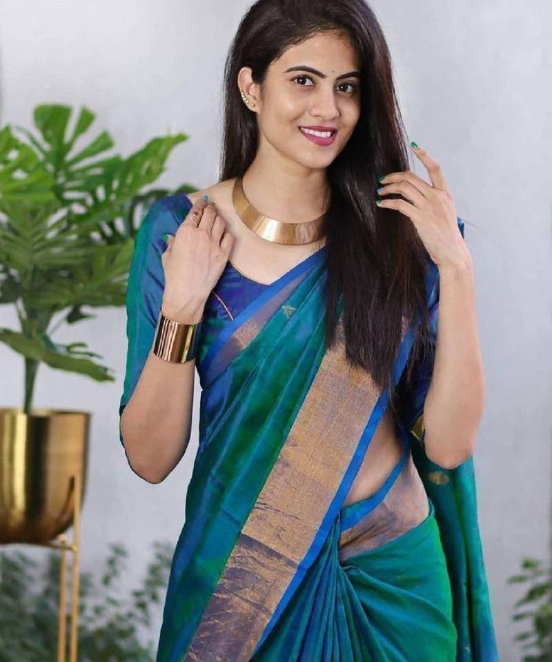 Sea green soft silk blend banarasi jacuard work designer party wear saree with unstitched blouse piece