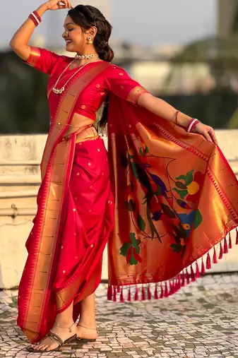 Pink soft silk paithani nauvari zari weaving saree with matching blouse piece