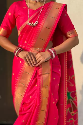 Pink soft silk paithani nauvari zari weaving saree with matching blouse piece