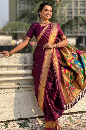 Burgundy soft silk paithani nauvari zari weaving saree with matching blouse piece