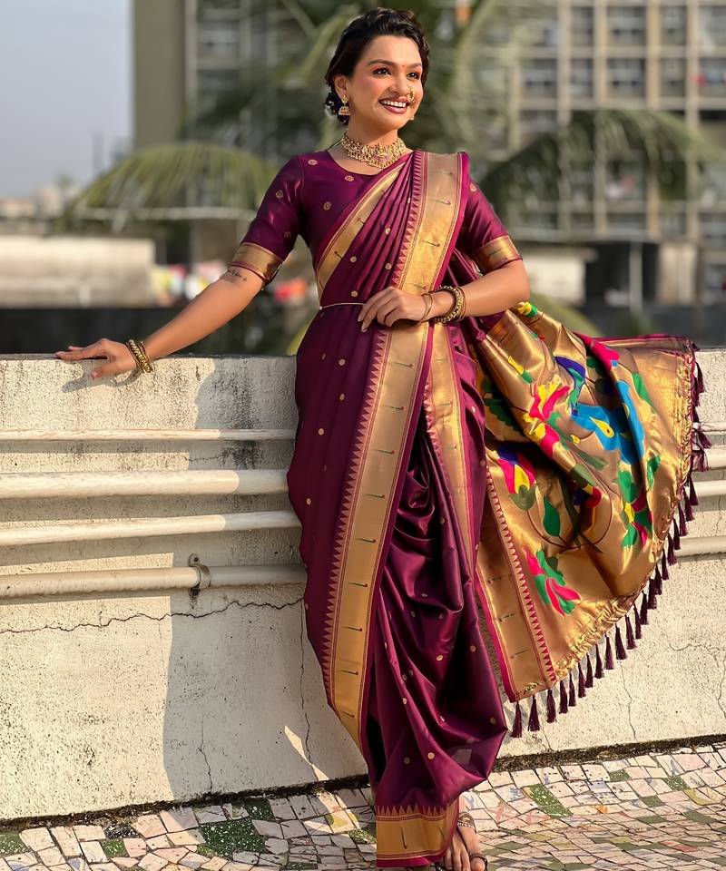 Burgundy soft silk paithani nauvari zari weaving saree with matching blouse piece