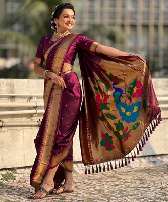 Burgundy soft silk paithani nauvari zari weaving saree with matching blouse piece 2