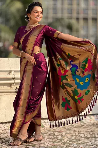 Burgundy soft silk paithani nauvari zari weaving saree with matching blouse piece