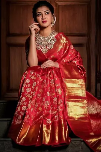 Red soft silk blend banarasi jacuard work designer party wear saree with unstitched blouse piece