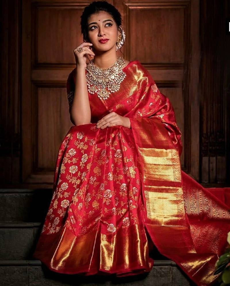 Red soft silk blend banarasi jacuard work designer party wear saree with unstitched blouse piece