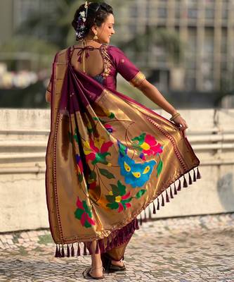 Burgundy soft silk paithani nauvari zari weaving saree with matching blouse piece 3