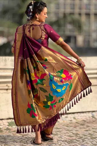 Burgundy soft silk paithani nauvari zari weaving saree with matching blouse piece