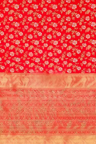 Red silk blend banarasi saree with unstitched blouse piece