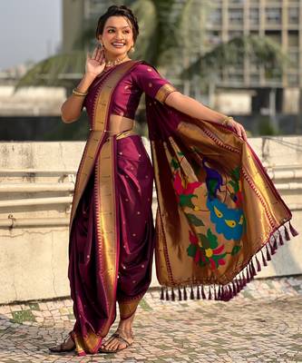 Burgundy soft silk paithani nauvari zari weaving saree with matching blouse piece 4