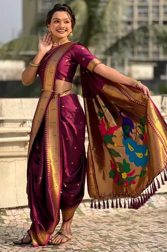 Burgundy soft silk paithani nauvari zari weaving saree with matching blouse piece