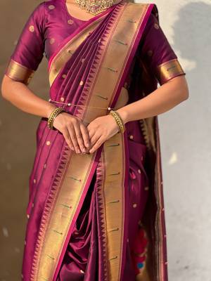 Burgundy soft silk paithani nauvari zari weaving saree with matching blouse piece 5