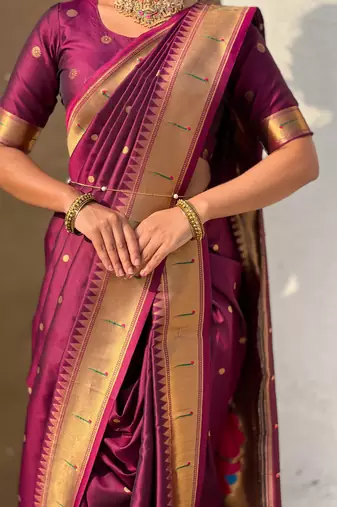 Burgundy soft silk paithani nauvari zari weaving saree with matching blouse piece