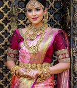 Pink silk blend banarasi saree with unstitched blouse piece