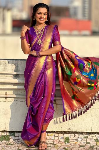 Purple soft silk paithani nauvari zari weaving saree with matching blouse piece