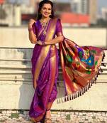 Purple soft silk paithani nauvari zari weaving saree with matching blouse piece