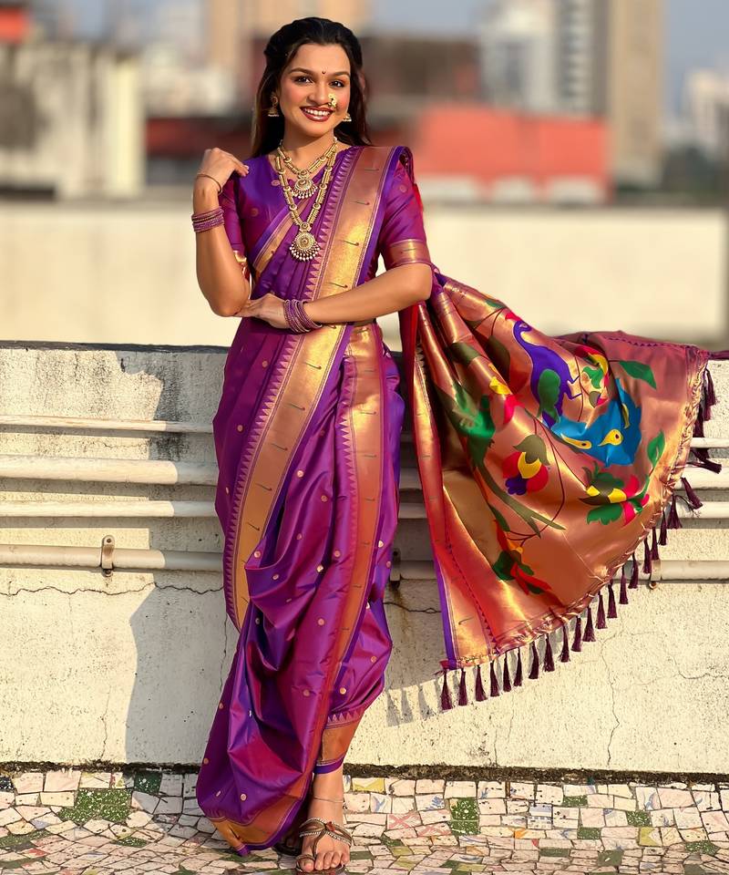 Purple soft silk paithani nauvari zari weaving saree with matching blouse piece