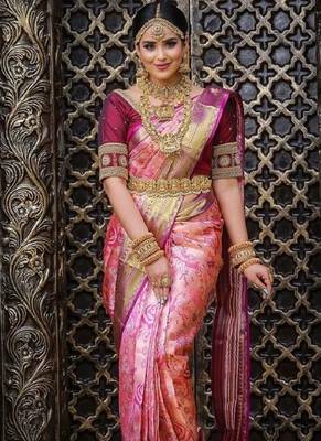 Pink silk blend banarasi saree with unstitched blouse piece 2