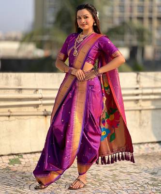 Purple soft silk paithani nauvari zari weaving saree with matching blouse piece 2