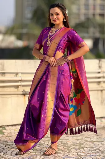 Purple soft silk paithani nauvari zari weaving saree with matching blouse piece