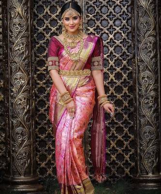 Pink silk blend banarasi saree with unstitched blouse piece 3