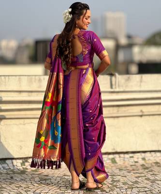Purple soft silk paithani nauvari zari weaving saree with matching blouse piece 3