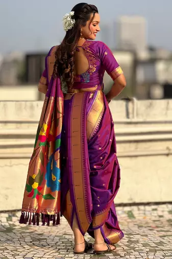 Purple soft silk paithani nauvari zari weaving saree with matching blouse piece