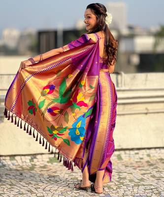 Purple soft silk paithani nauvari zari weaving saree with matching blouse piece 4