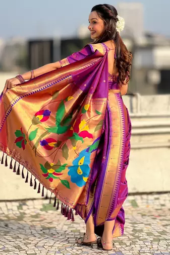 Purple soft silk paithani nauvari zari weaving saree with matching blouse piece