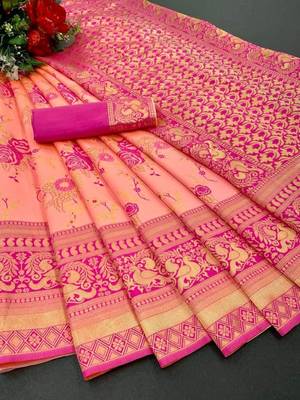 Pink silk blend banarasi saree with unstitched blouse piece 5