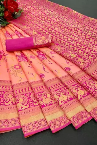 Pink silk blend banarasi saree with unstitched blouse piece