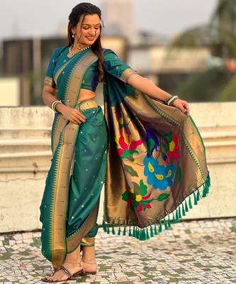 Teal soft silk paithani nauvari zari weaving saree with matching blouse piece 1