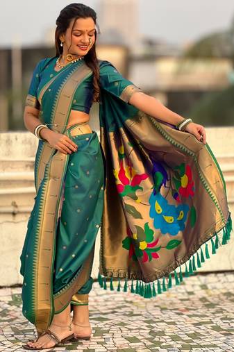 Teal soft silk paithani nauvari zari weaving saree with matching blouse piece