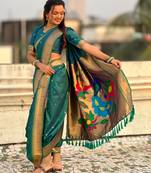 Teal soft silk paithani nauvari zari weaving saree with matching blouse piece