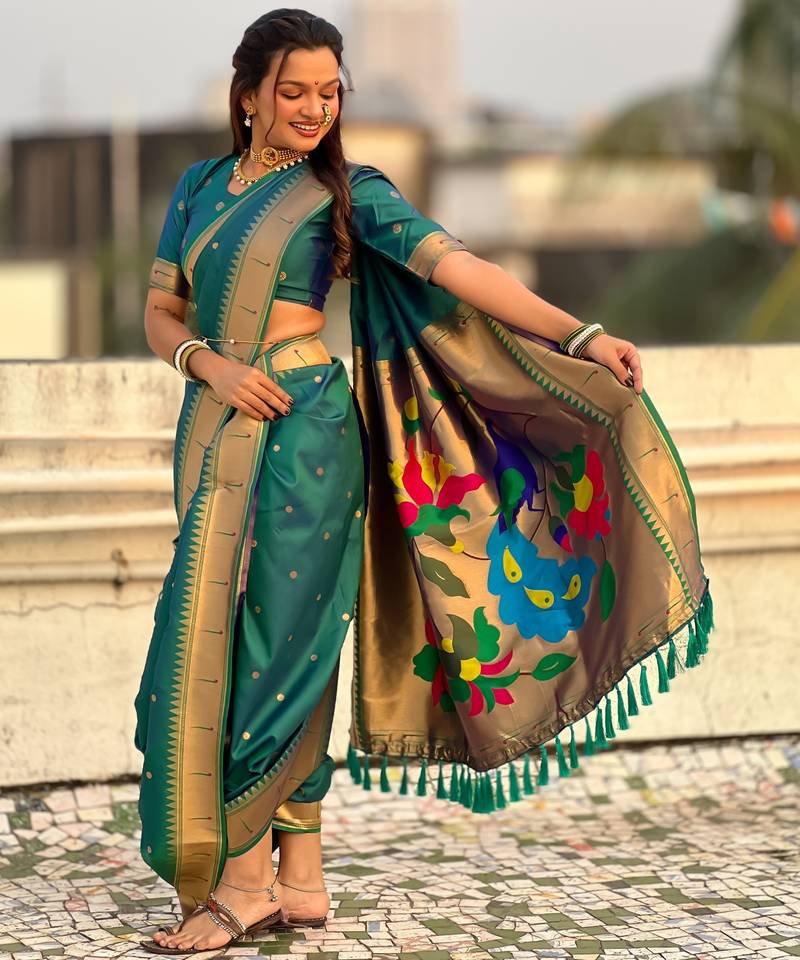 Teal soft silk paithani nauvari zari weaving saree with matching blouse piece