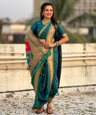 Teal soft silk paithani nauvari zari weaving saree with matching blouse piece 2