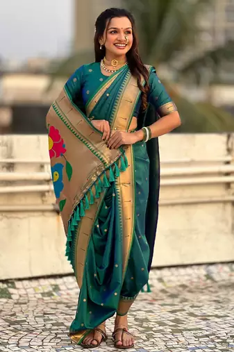 Teal soft silk paithani nauvari zari weaving saree with matching blouse piece