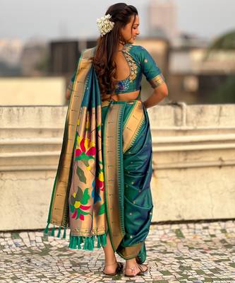 Teal soft silk paithani nauvari zari weaving saree with matching blouse piece 3