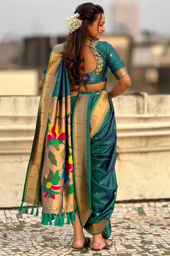Teal soft silk paithani nauvari zari weaving saree with matching blouse piece