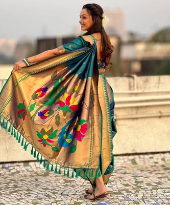 Teal soft silk paithani nauvari zari weaving saree with matching blouse piece 4