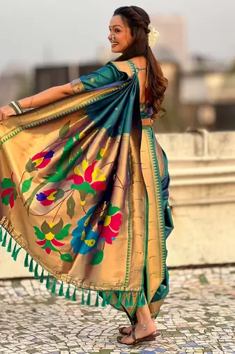 Teal soft silk paithani nauvari zari weaving saree with matching blouse piece