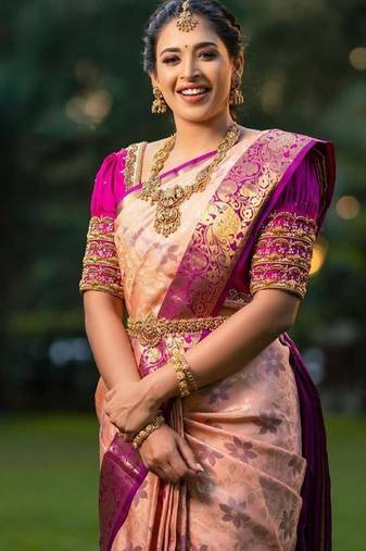 Peach wine soft silk blend banarasi jacuard work designer party wear saree with unstitched blouse piece