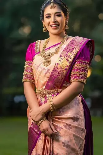 Peach wine soft silk blend banarasi jacuard work designer party wear saree with unstitched blouse piece