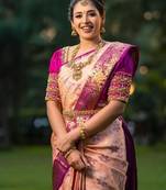 Peach wine silk blend banarasi saree with unstitched blouse piece