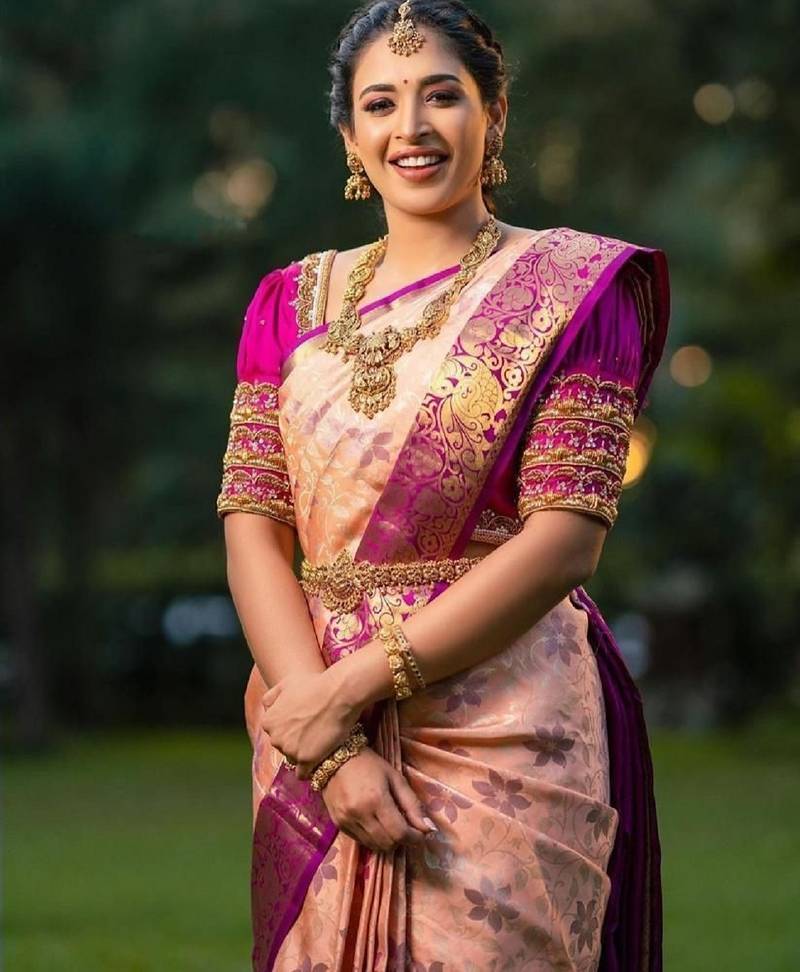 Peach wine soft silk blend banarasi jacuard work designer party wear saree with unstitched blouse piece