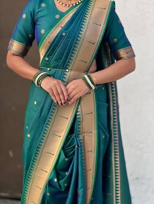 Teal soft silk paithani nauvari zari weaving saree with matching blouse piece 5